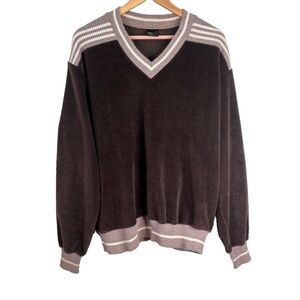 VTG 70s Campus Velour Sweater XL USA Made Chocolate Brown Stripe Retro Grandpa